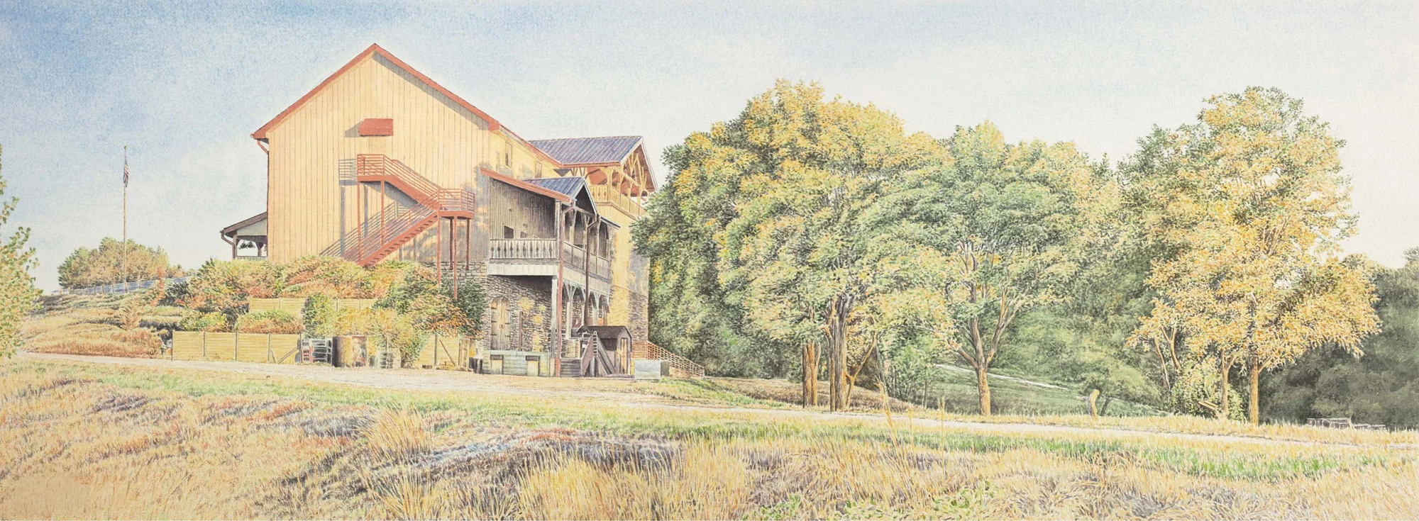 Watercolor painting of Valiant Vineyards winery overlooking the vineyard and Missouri River valley